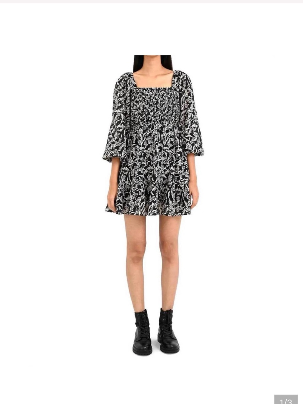 Banjanan Black & White Floral Smocked Square-Neck Mini Dress